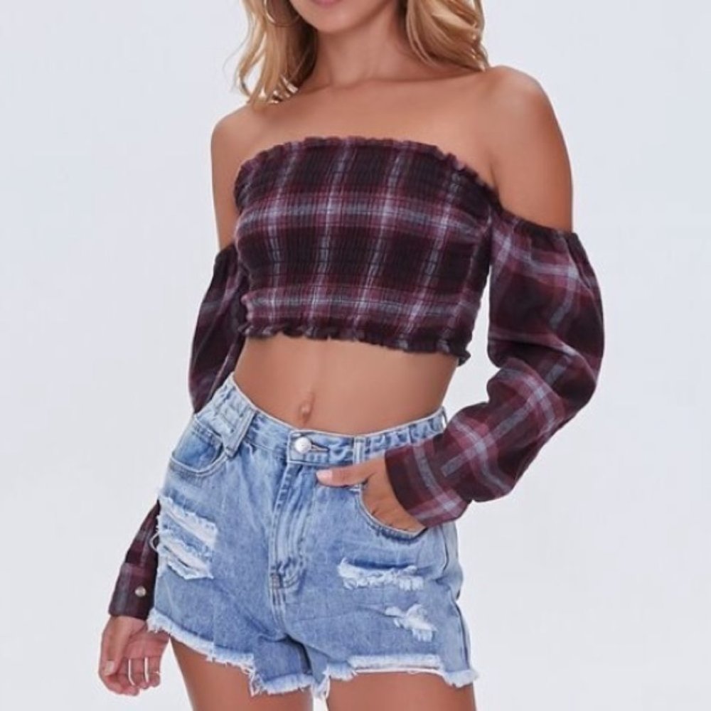 Plaid Off-the-Shoulder Crop Top Flannel Burgundy Medium NWT Fall Top